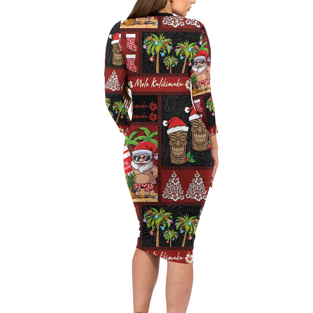 Hawaiian Christmas Long Sleeve Bodycon Dress - Mele Kalikimaka Island Holiday Vibes - Black Red LT03 - Polynesian Pride