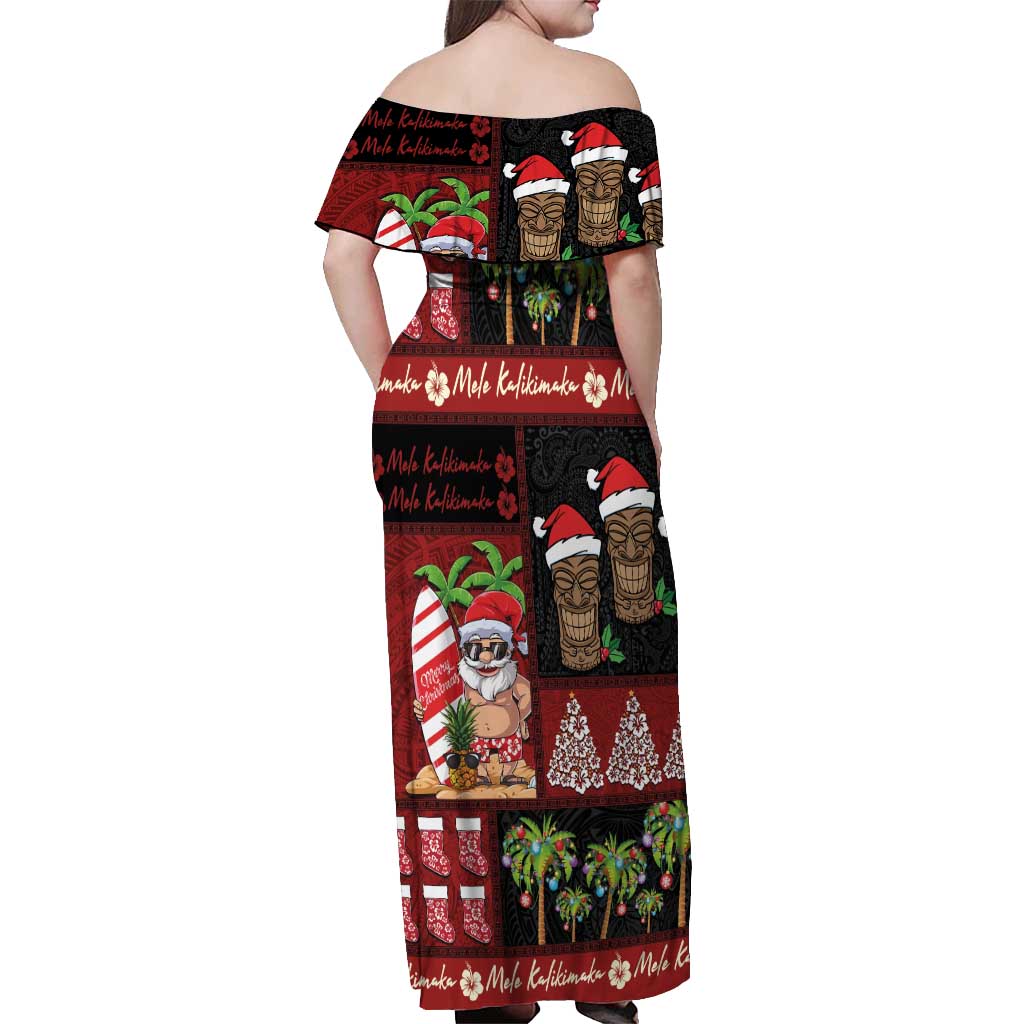 Hawaiian Christmas Off Shoulder Maxi Dress - Mele Kalikimaka Island Holiday Vibes - Black Red LT03 - Polynesian Pride