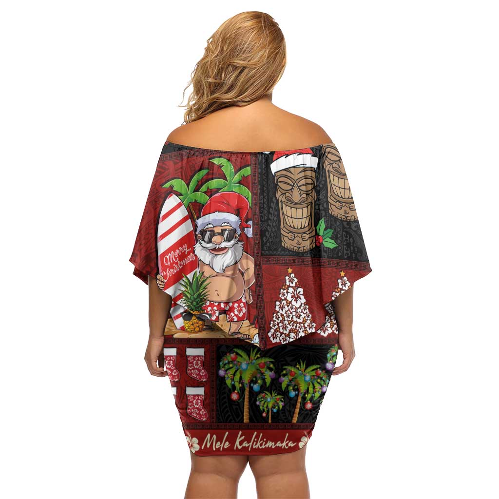 Hawaiian Christmas Off Shoulder Short Dress - Mele Kalikimaka Island Holiday Vibes - Black Red LT03 - Polynesian Pride