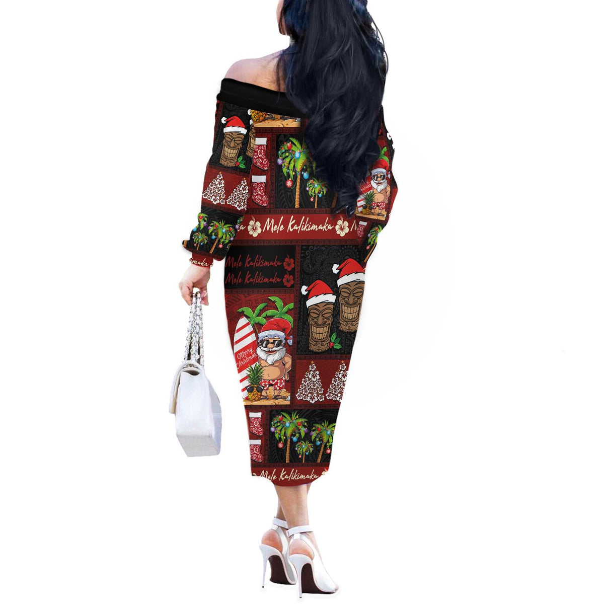 Hawaiian Christmas Off The Shoulder Long Sleeve Dress - Mele Kalikimaka Island Holiday Vibes - Black Red LT03 - Polynesian Pride