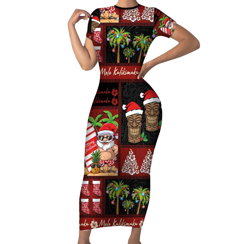 Hawaiian Christmas Short Sleeve Bodycon Dress - Mele Kalikimaka Island Holiday Vibes - Black Red LT03 Long Dress Black - Red - Polynesian Pride