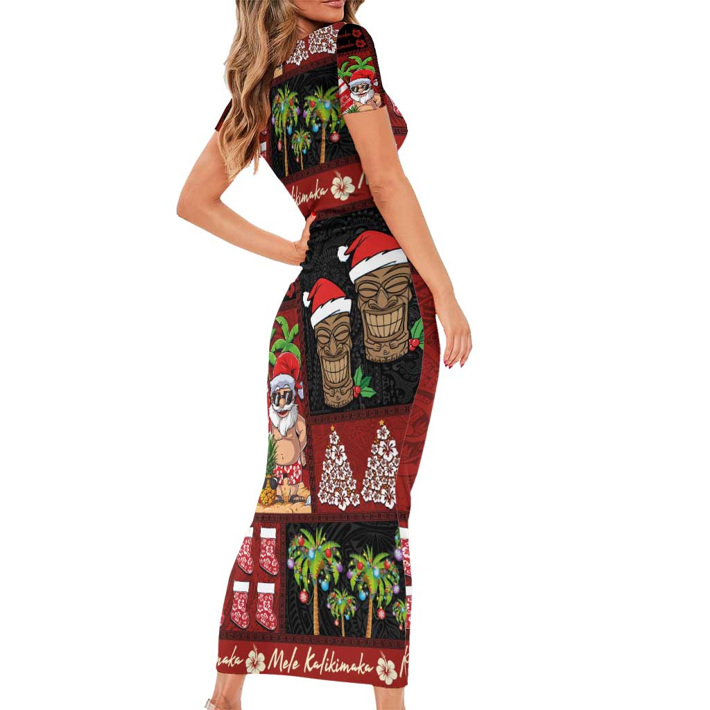 Hawaiian Christmas Short Sleeve Bodycon Dress - Mele Kalikimaka Island Holiday Vibes - Black Red LT03 - Polynesian Pride