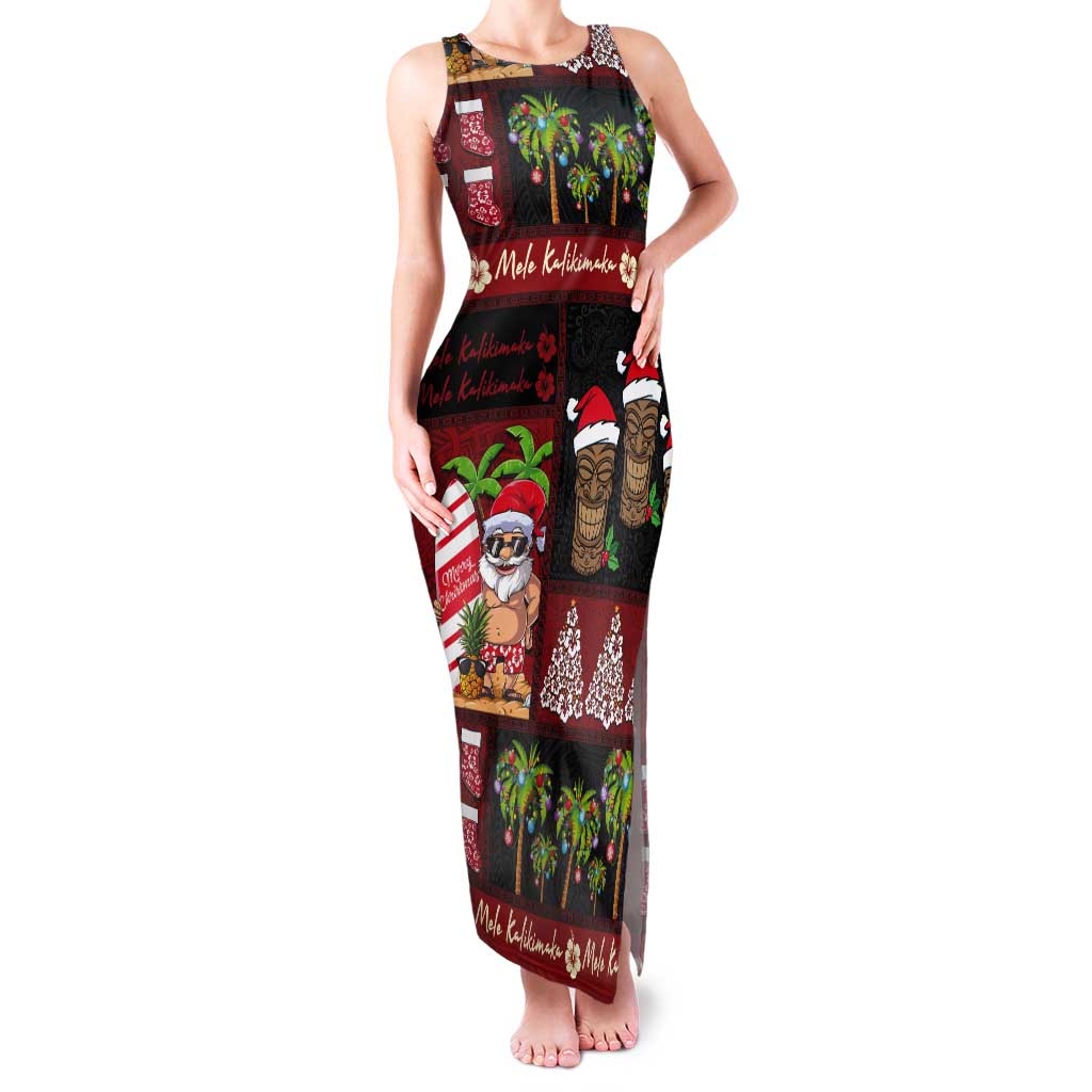 Hawaiian Christmas Tank Maxi Dress - Mele Kalikimaka Island Holiday Vibes - Black Red LT03 Women Black - Red - Polynesian Pride