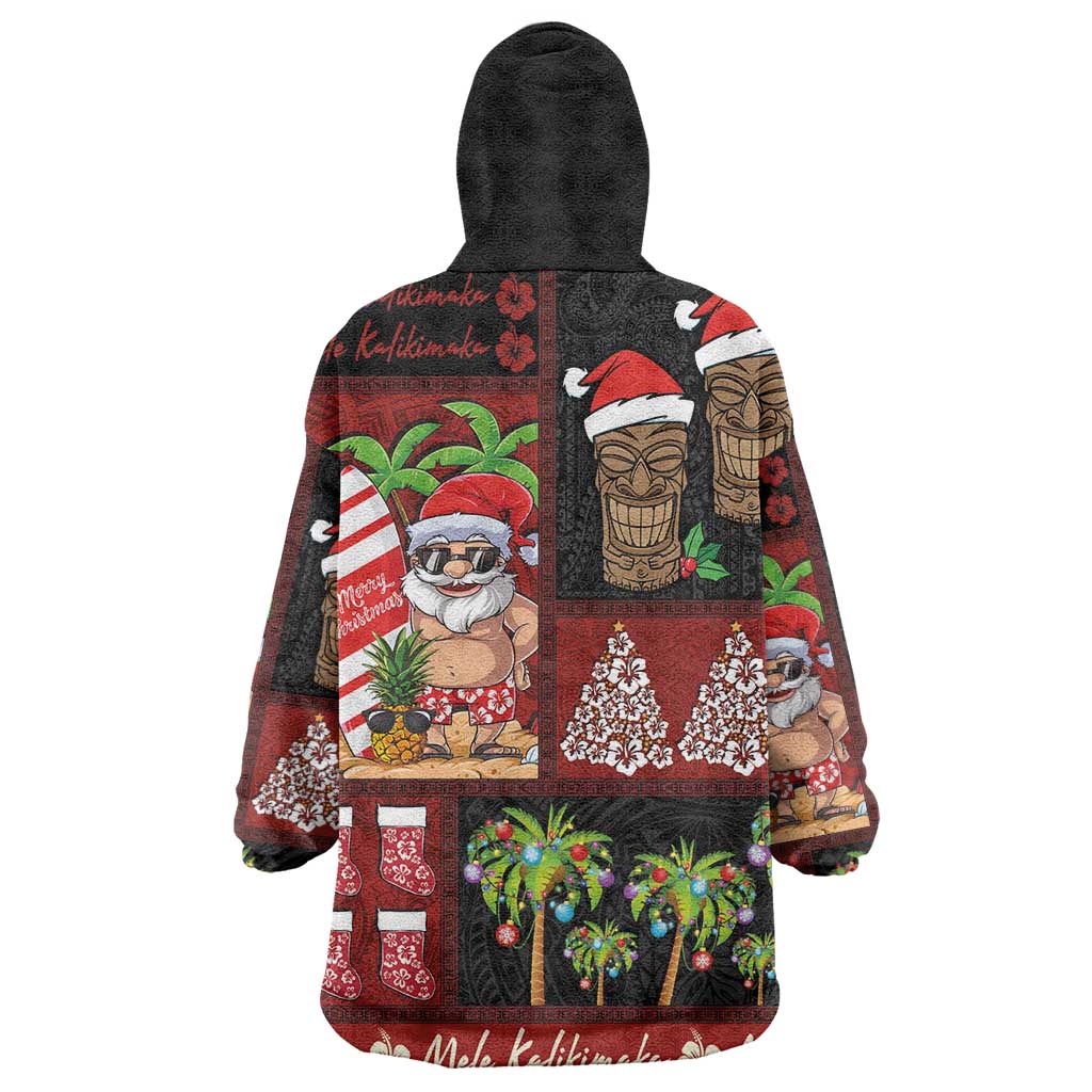 Hawaiian Christmas Wearable Blanket Hoodie - Mele Kalikimaka Island Holiday Vibes - Black Red LT03 - Polynesian Pride