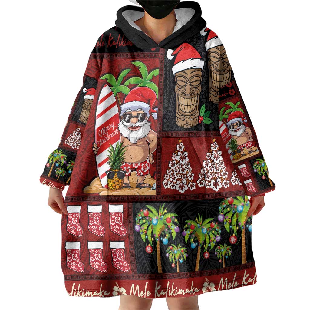 Hawaiian Christmas Wearable Blanket Hoodie - Mele Kalikimaka Island Holiday Vibes - Black Red LT03 - Polynesian Pride