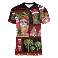 Hawaiian Christmas Women V-Neck T-Shirt - Mele Kalikimaka Island Holiday Vibes - Black Red LT03 Female Black - Red - Polynesian Pride