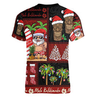 Hawaiian Christmas Women V-Neck T-Shirt - Mele Kalikimaka Island Holiday Vibes - Black Red LT03 - Polynesian Pride