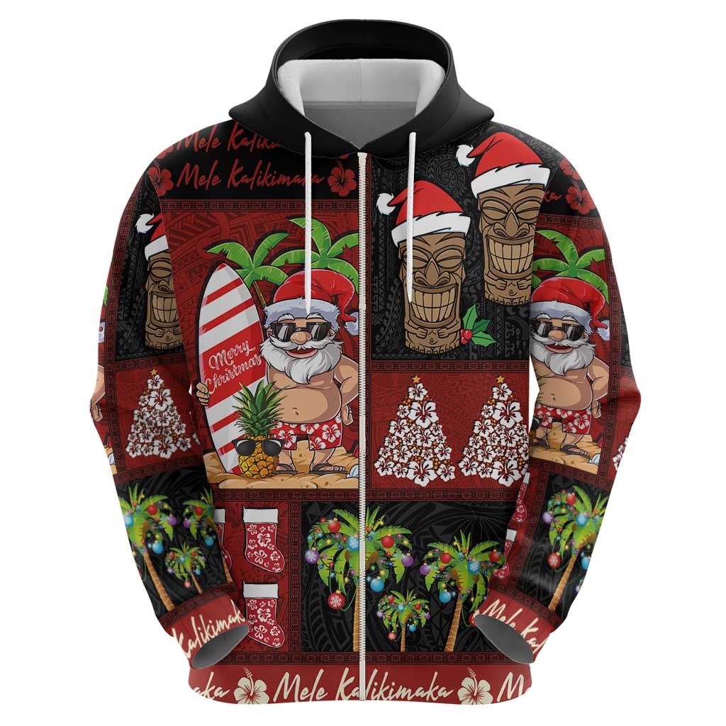 Hawaiian Christmas Zip Hoodie - Mele Kalikimaka Island Holiday Vibes - Black Red LT03 - Polynesian Pride