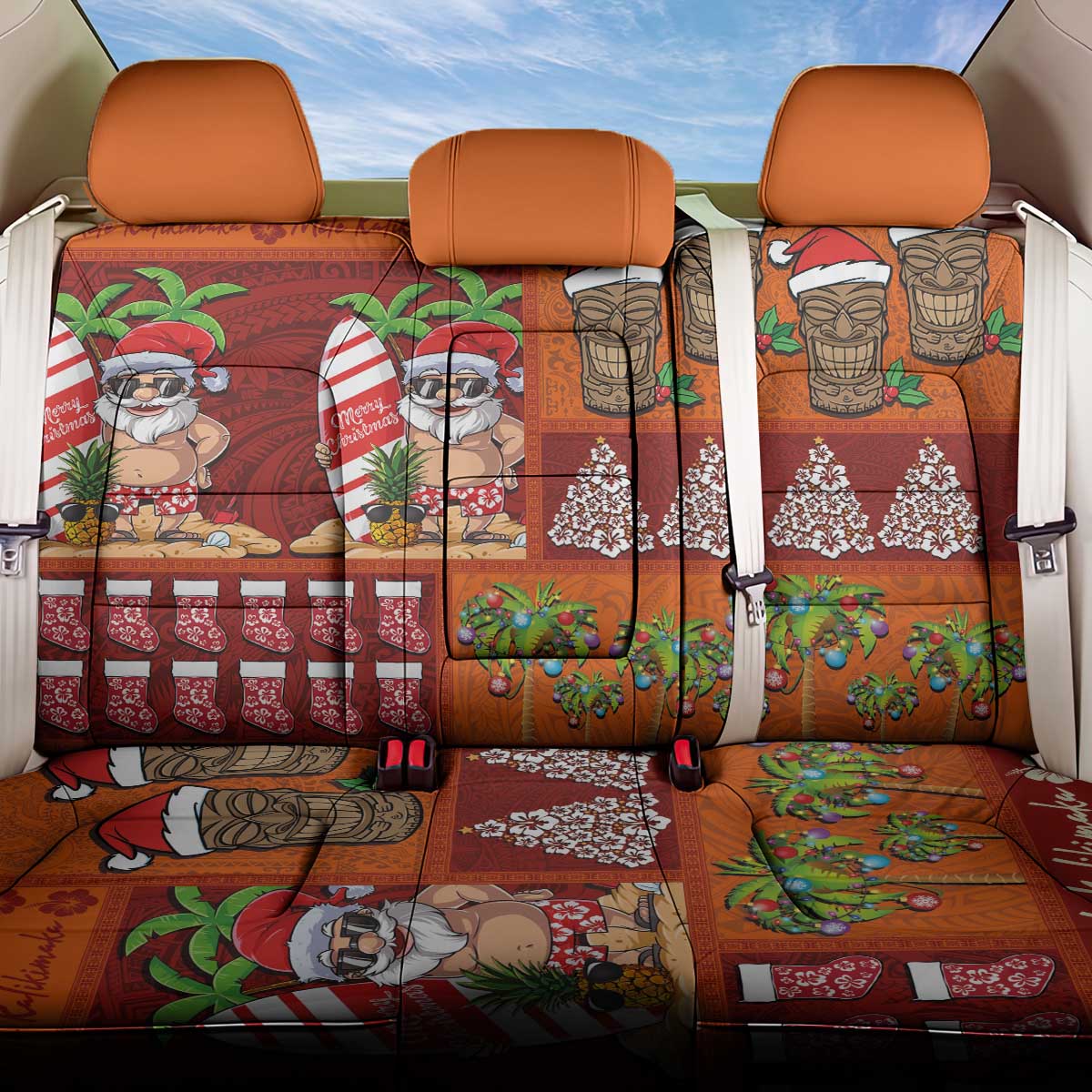 Hawaiian Christmas Back Car Seat Cover - Mele Kalikimaka Island Holiday Vibes - Red Orange LT03 One Size Red - Orange - Polynesian Pride