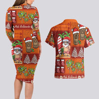 Hawaiian Christmas Couples Matching Long Sleeve Bodycon Dress and Hawaiian Shirt - Mele Kalikimaka Island Holiday Vibes - Red Orange LT03 - Polynesian Pride
