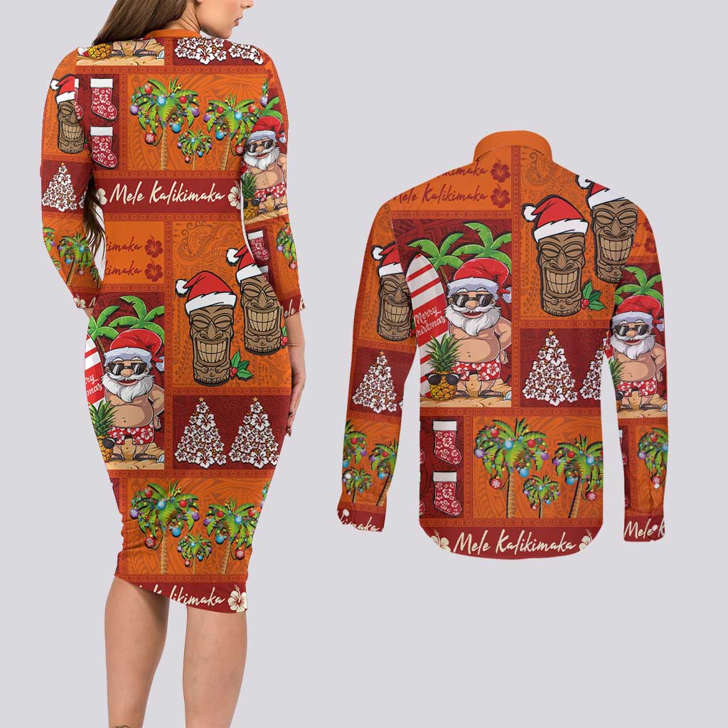 Hawaiian Christmas Couples Matching Long Sleeve Bodycon Dress and Long Sleeve Button Shirt - Mele Kalikimaka Island Holiday Vibes - Red Orange LT03 - Polynesian Pride