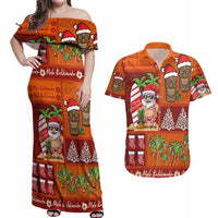 Hawaiian Christmas Couples Matching Off Shoulder Maxi Dress and Hawaiian Shirt - Mele Kalikimaka Island Holiday Vibes - Red Orange LT03 Red - Orange - Polynesian Pride