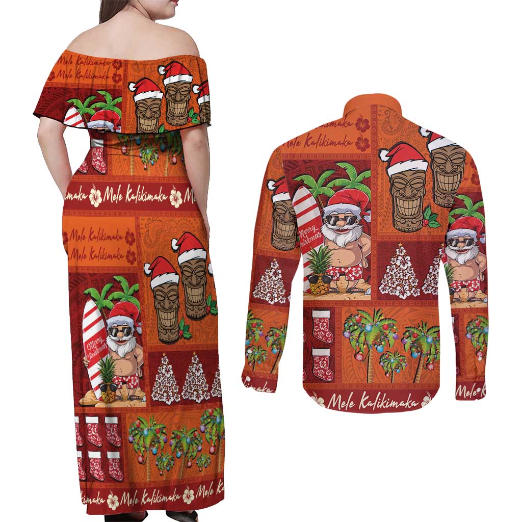 Hawaiian Christmas Couples Matching Off Shoulder Maxi Dress and Long Sleeve Button Shirt - Mele Kalikimaka Island Holiday Vibes - Red Orange LT03 - Polynesian Pride