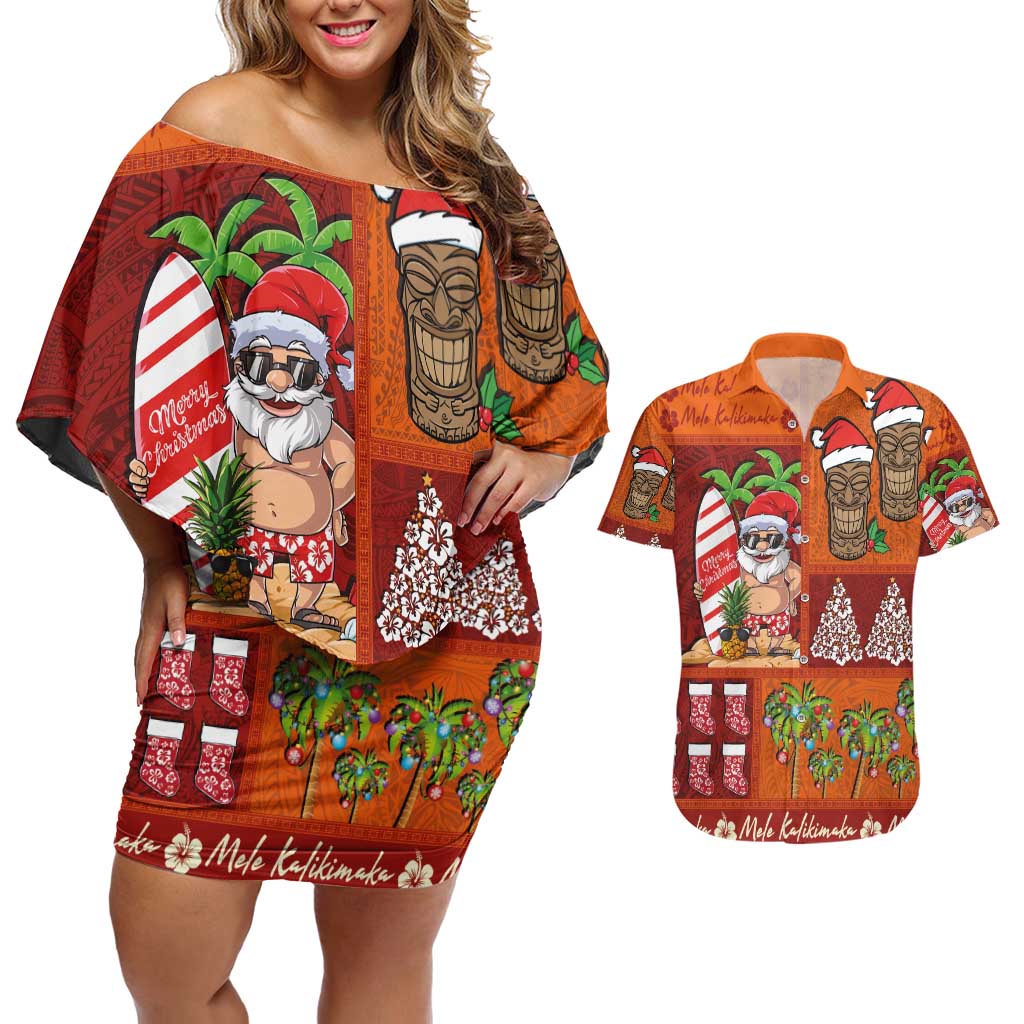 Hawaiian Christmas Couples Matching Off Shoulder Short Dress and Hawaiian Shirt - Mele Kalikimaka Island Holiday Vibes - Red Orange LT03 Red - Orange - Polynesian Pride