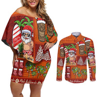 Hawaiian Christmas Couples Matching Off Shoulder Short Dress and Long Sleeve Button Shirt - Mele Kalikimaka Island Holiday Vibes - Red Orange LT03 Red - Orange - Polynesian Pride