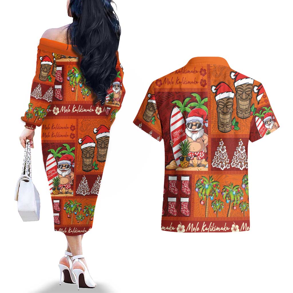 Hawaiian Christmas Couples Matching Off The Shoulder Long Sleeve Dress and Hawaiian Shirt - Mele Kalikimaka Island Holiday Vibes - Red Orange LT03 - Polynesian Pride