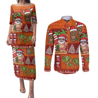 Hawaiian Christmas Couples Matching Puletasi and Long Sleeve Button Shirt - Mele Kalikimaka Island Holiday Vibes - Red Orange LT03 Red - Orange - Polynesian Pride