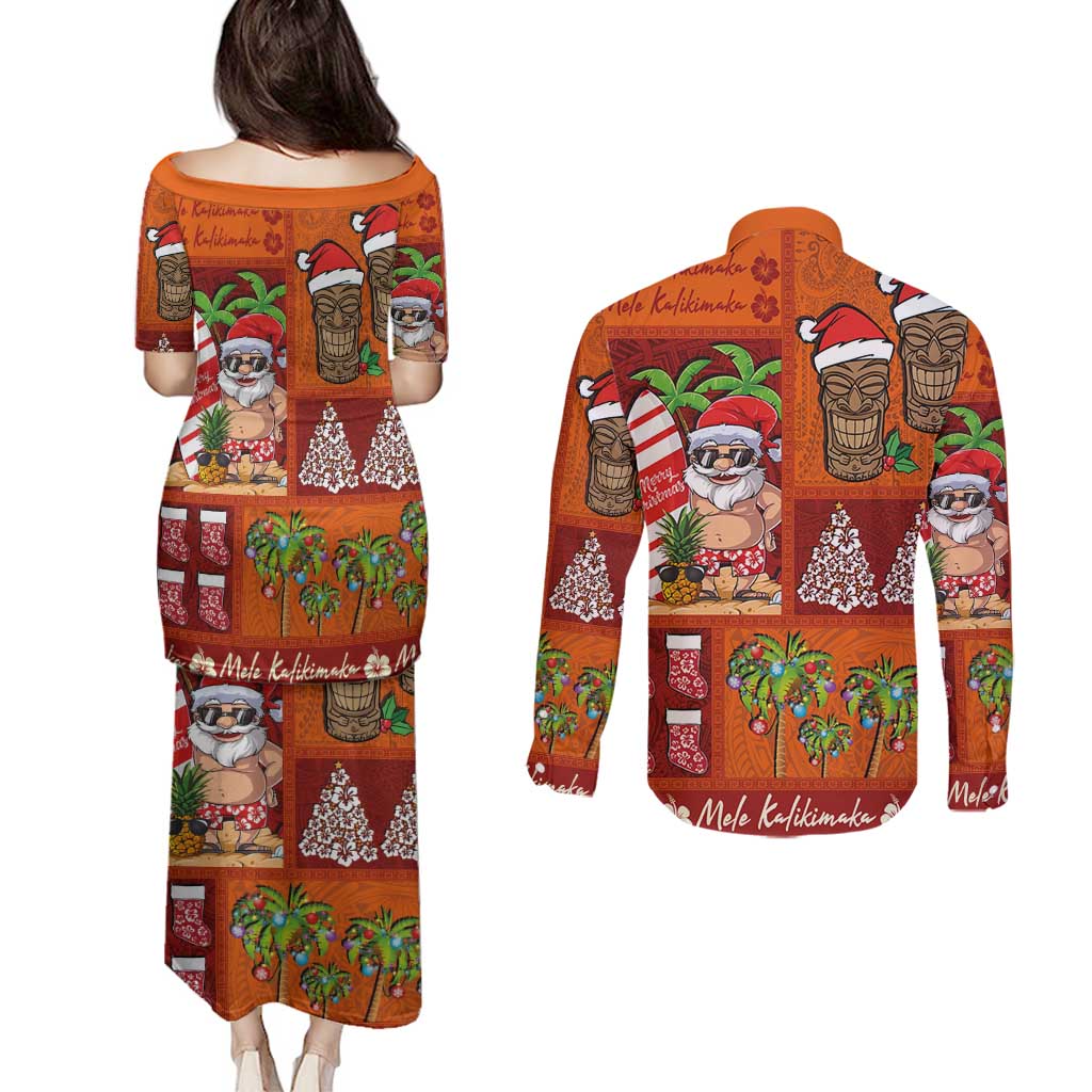 Hawaiian Christmas Couples Matching Puletasi and Long Sleeve Button Shirt - Mele Kalikimaka Island Holiday Vibes - Red Orange LT03 - Polynesian Pride