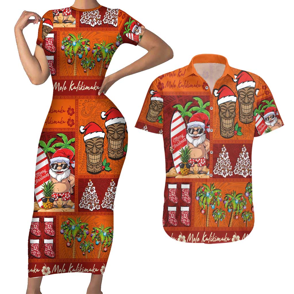 Hawaiian Christmas Couples Matching Short Sleeve Bodycon Dress and Hawaiian Shirt - Mele Kalikimaka Island Holiday Vibes - Red Orange LT03 Red - Orange - Polynesian Pride