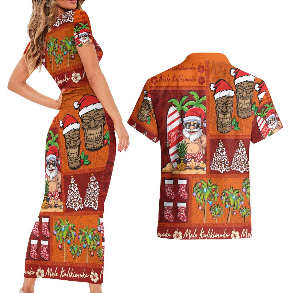 Hawaiian Christmas Couples Matching Short Sleeve Bodycon Dress and Hawaiian Shirt - Mele Kalikimaka Island Holiday Vibes - Red Orange LT03 - Polynesian Pride