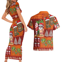 Hawaiian Christmas Couples Matching Short Sleeve Bodycon Dress and Hawaiian Shirt - Mele Kalikimaka Island Holiday Vibes - Red Orange LT03 - Polynesian Pride