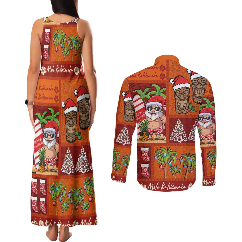 Hawaiian Christmas Couples Matching Tank Maxi Dress and Long Sleeve Button Shirt - Mele Kalikimaka Island Holiday Vibes - Red Orange LT03 - Polynesian Pride