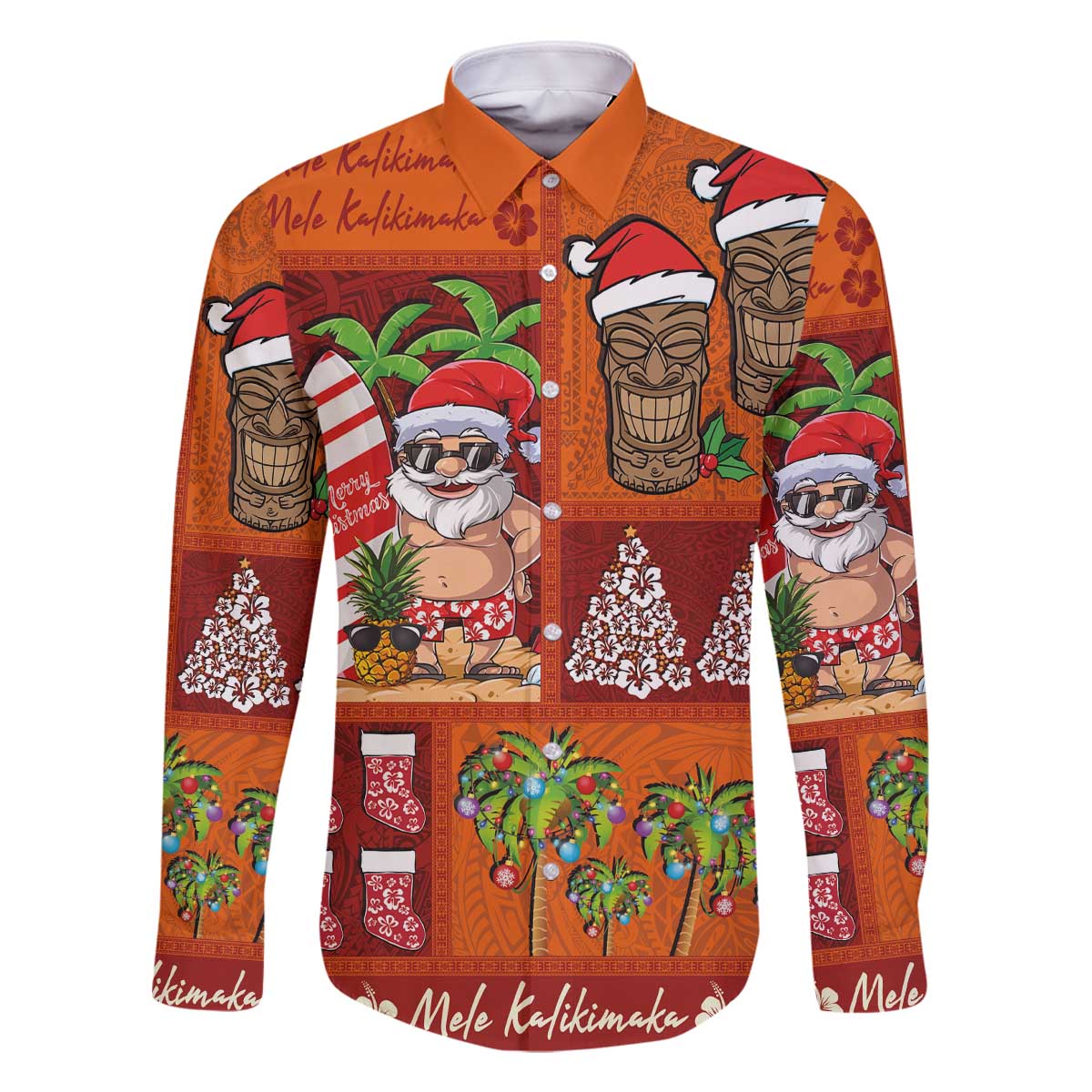 Hawaiian Christmas Family Matching Off The Shoulder Long Sleeve Dress and Hawaiian Shirt - Mele Kalikimaka Island Holiday Vibes - Red Orange LT03 Dad's Shirt - Long Sleeve Red - Orange - Polynesian Pride