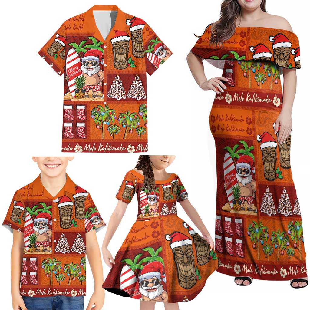 Hawaiian Christmas Family Matching Off Shoulder Maxi Dress and Hawaiian Shirt - Mele Kalikimaka Island Holiday Vibes - Red Orange LT03 - Polynesian Pride