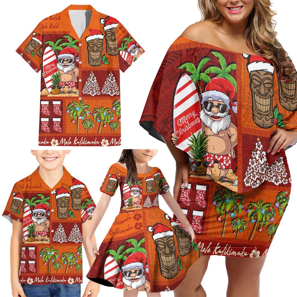 Hawaiian Christmas Family Matching Off Shoulder Short Dress and Hawaiian Shirt - Mele Kalikimaka Island Holiday Vibes - Red Orange LT03 - Polynesian Pride