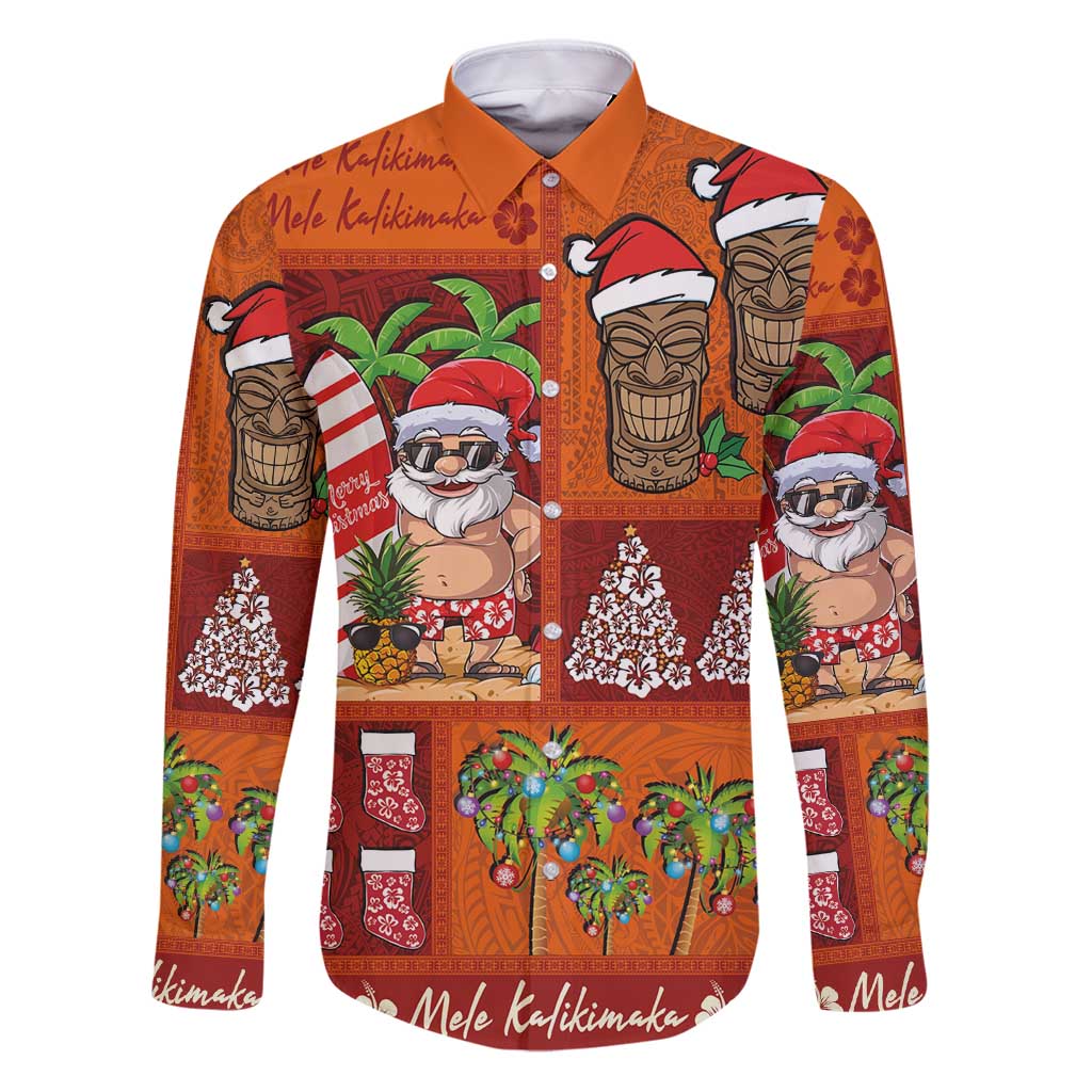 Hawaiian Christmas Family Matching Puletasi and Hawaiian Shirt - Mele Kalikimaka Island Holiday Vibes - Red Orange LT03 Dad's Shirt - Long Sleeve Red - Orange - Polynesian Pride