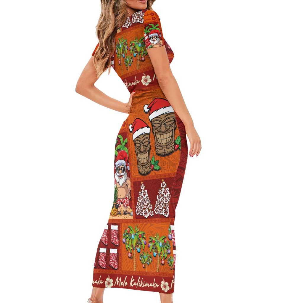 Hawaiian Christmas Family Matching Short Sleeve Bodycon Dress and Hawaiian Shirt - Mele Kalikimaka Island Holiday Vibes - Red Orange