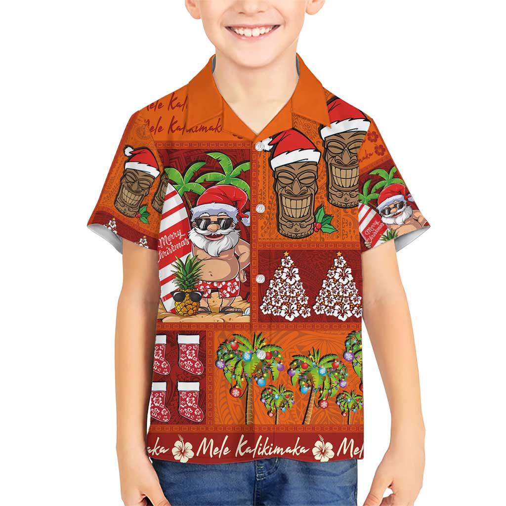 Hawaiian Christmas Family Matching Short Sleeve Bodycon Dress and Hawaiian Shirt - Mele Kalikimaka Island Holiday Vibes - Red Orange