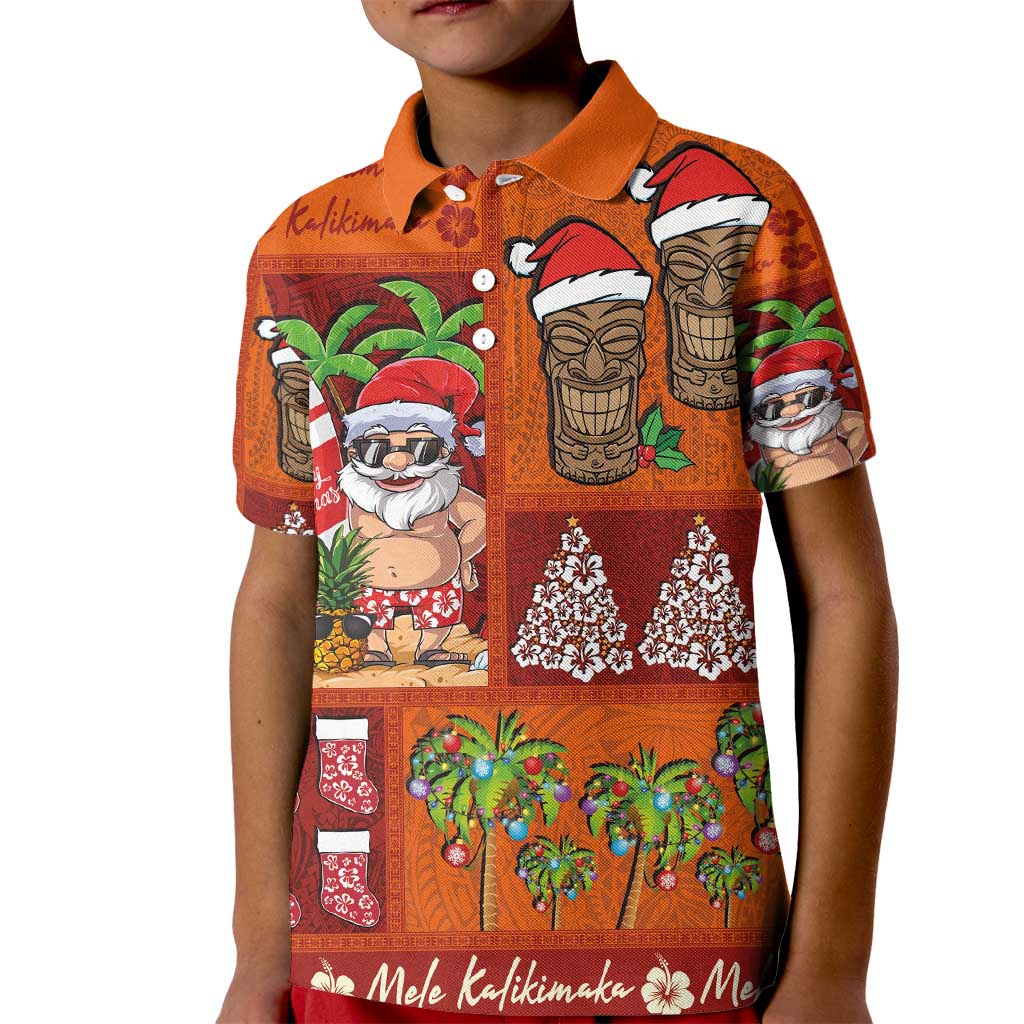 Hawaiian Christmas Kid Polo Shirt - Mele Kalikimaka Island Holiday Vibes - Red Orange LT03 Kid Red - Orange - Polynesian Pride