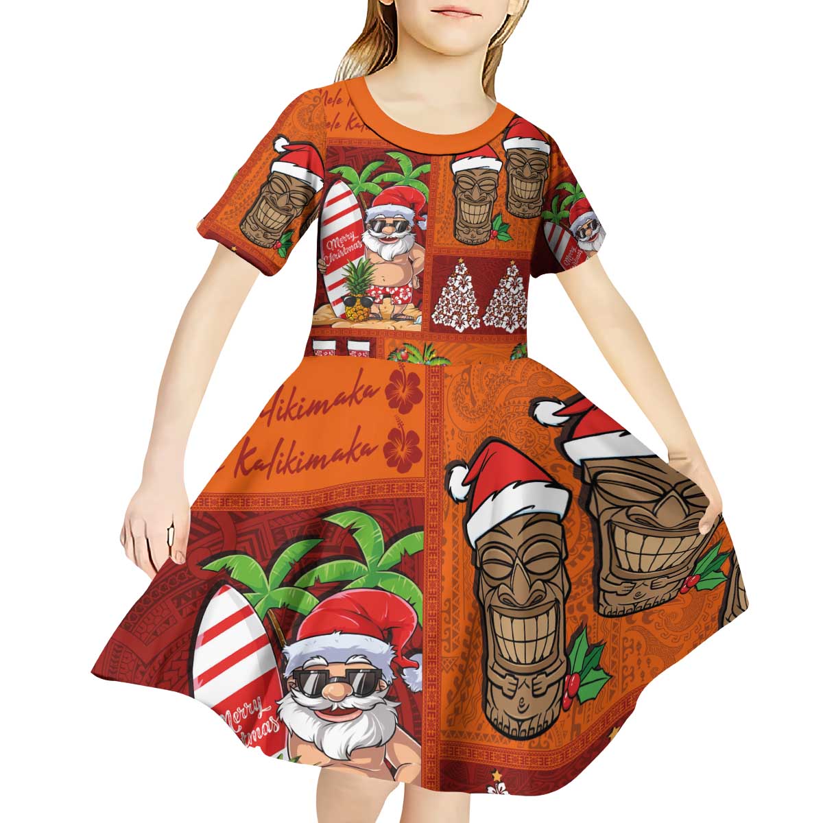 Hawaiian Christmas Kid Short Sleeve Dress - Mele Kalikimaka Island Holiday Vibes - Red Orange LT03 - Polynesian Pride
