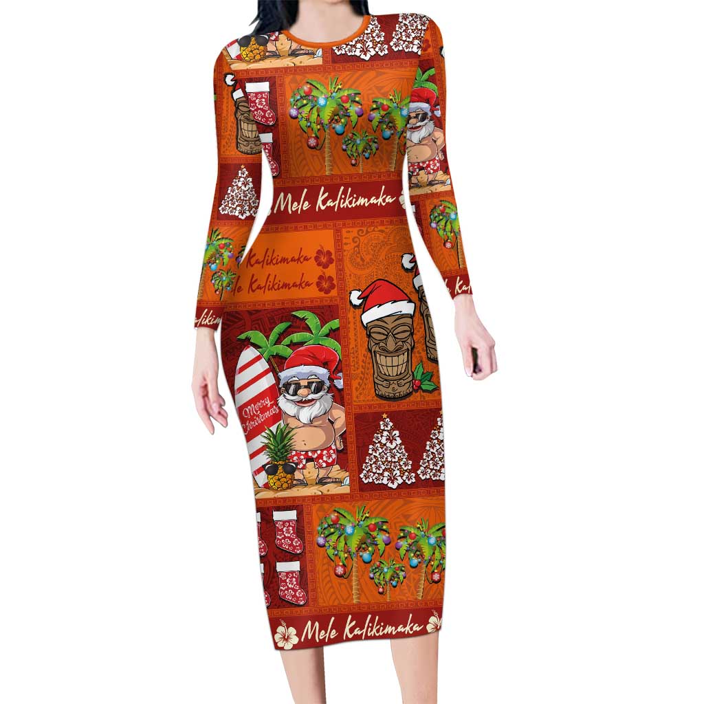 Hawaiian Christmas Long Sleeve Bodycon Dress - Mele Kalikimaka Island Holiday Vibes - Red Orange LT03 Long Dress Red - Orange - Polynesian Pride