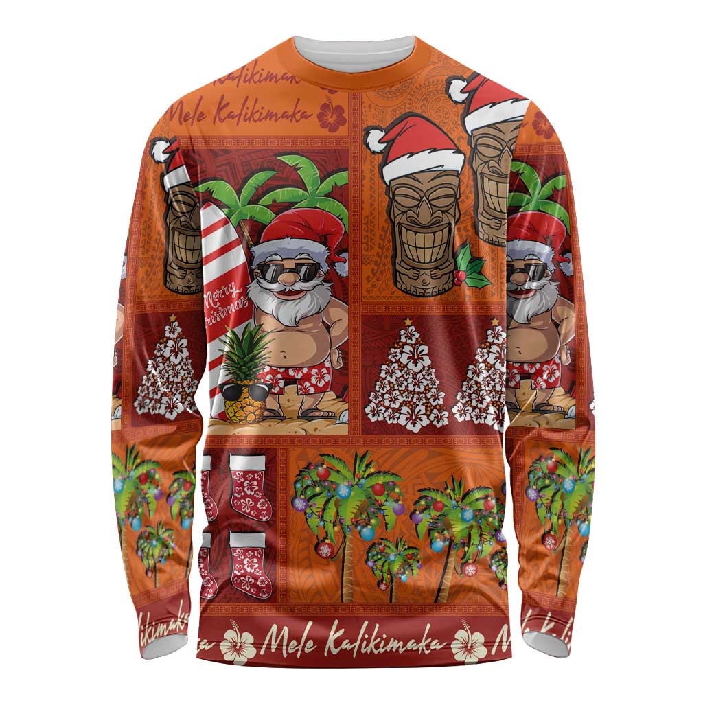 Hawaiian Christmas Long Sleeve Shirt - Mele Kalikimaka Island Holiday Vibes - Red Orange LT03 Unisex Red - Orange - Polynesian Pride