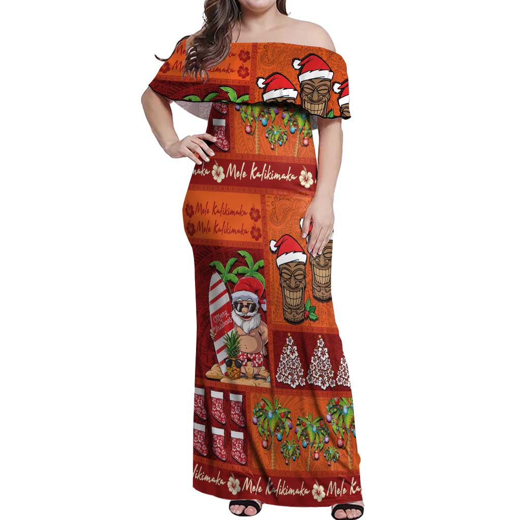 Hawaiian Christmas Off Shoulder Maxi Dress - Mele Kalikimaka Island Holiday Vibes - Red Orange LT03 Women Red - Orange - Polynesian Pride
