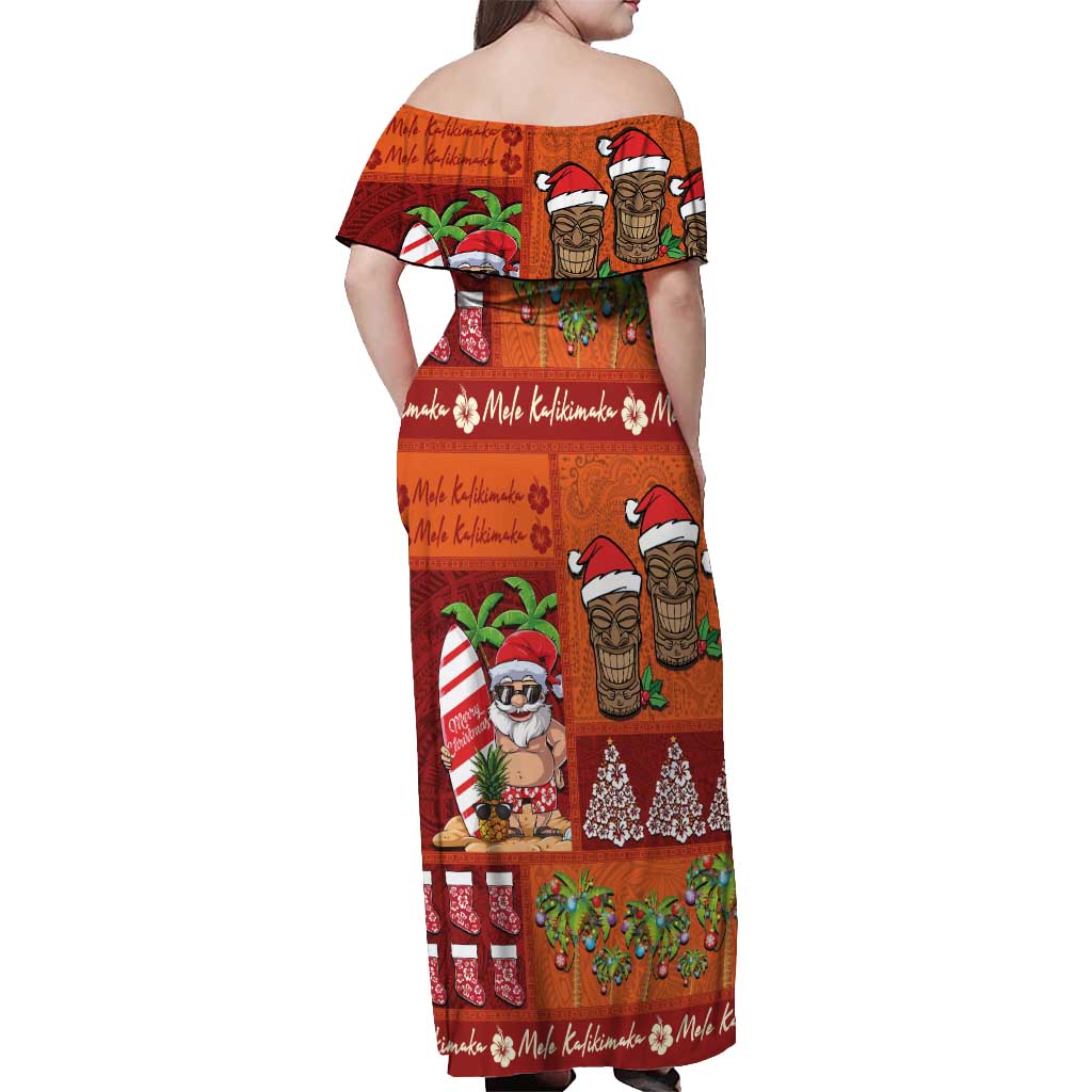 Hawaiian Christmas Off Shoulder Maxi Dress - Mele Kalikimaka Island Holiday Vibes - Red Orange LT03 - Polynesian Pride