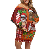 Hawaiian Christmas Off Shoulder Short Dress - Mele Kalikimaka Island Holiday Vibes - Red Orange LT03 Women Red - Orange - Polynesian Pride
