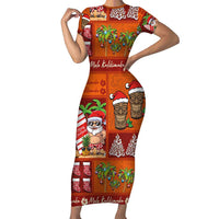 Hawaiian Christmas Short Sleeve Bodycon Dress - Mele Kalikimaka Island Holiday Vibes - Red Orange LT03 Long Dress Red - Orange - Polynesian Pride