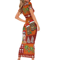 Hawaiian Christmas Short Sleeve Bodycon Dress - Mele Kalikimaka Island Holiday Vibes - Red Orange LT03 - Polynesian Pride