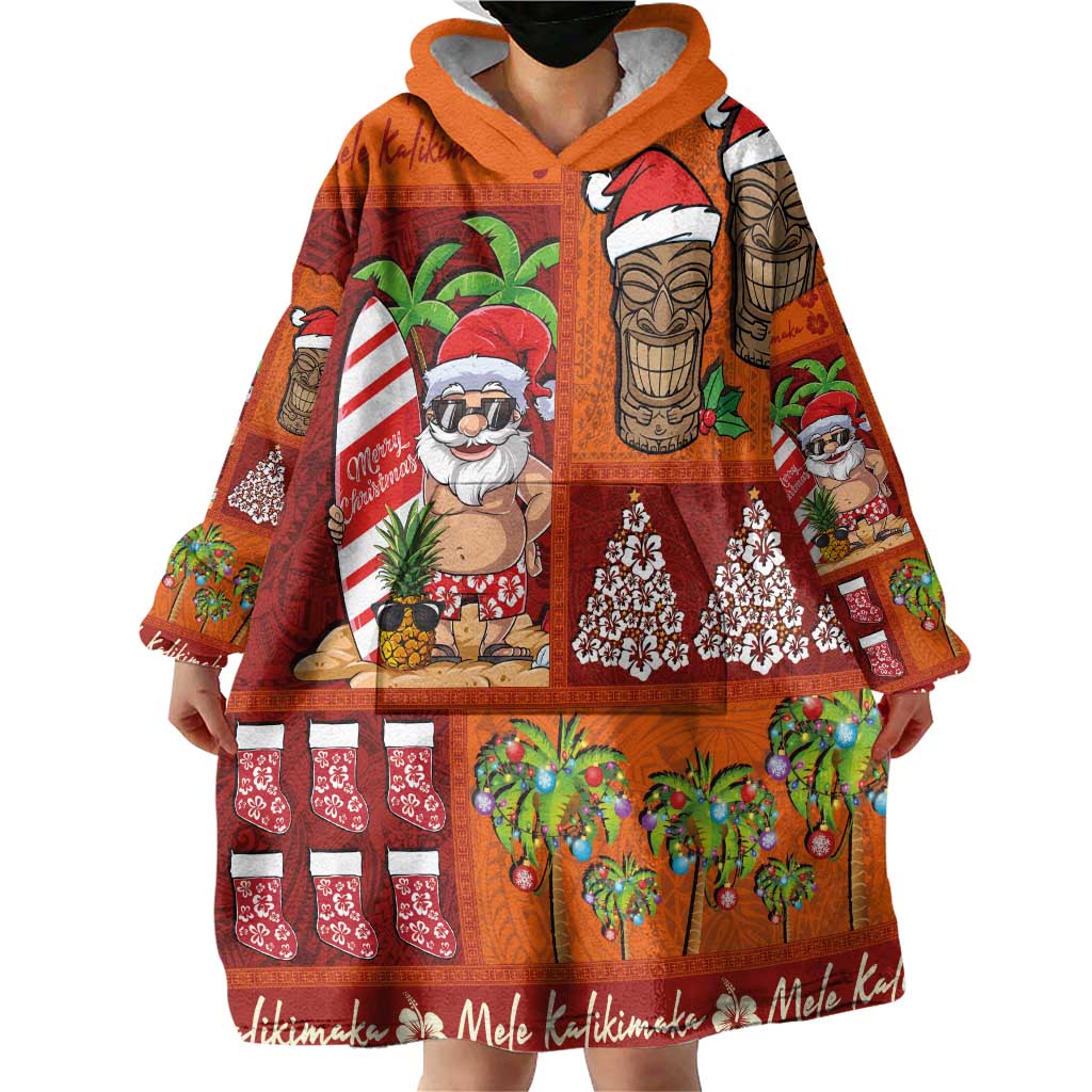 Hawaiian Christmas Wearable Blanket Hoodie - Mele Kalikimaka Island Holiday Vibes - Red Orange LT03 - Polynesian Pride