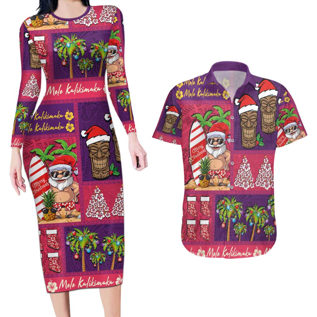Hawaiian Christmas Couples Matching Long Sleeve Bodycon Dress and Hawaiian Shirt - Mele Kalikimaka Island Holiday Vibes - Pink Purple LT03 Pink - Purple - Polynesian Pride