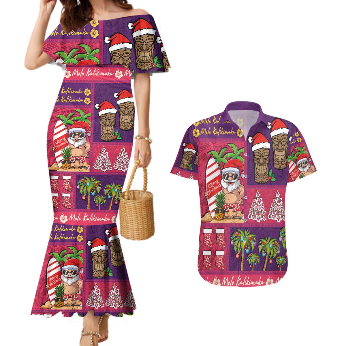 Hawaiian Christmas Couples Matching Mermaid Dress and Hawaiian Shirt - Mele Kalikimaka Island Holiday Vibes - Pink Purple LT03 Pink - Purple - Polynesian Pride