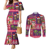 Hawaiian Christmas Couples Matching Mermaid Dress and Long Sleeve Button Shirt - Mele Kalikimaka Island Holiday Vibes - Pink Purple LT03 Pink - Purple - Polynesian Pride