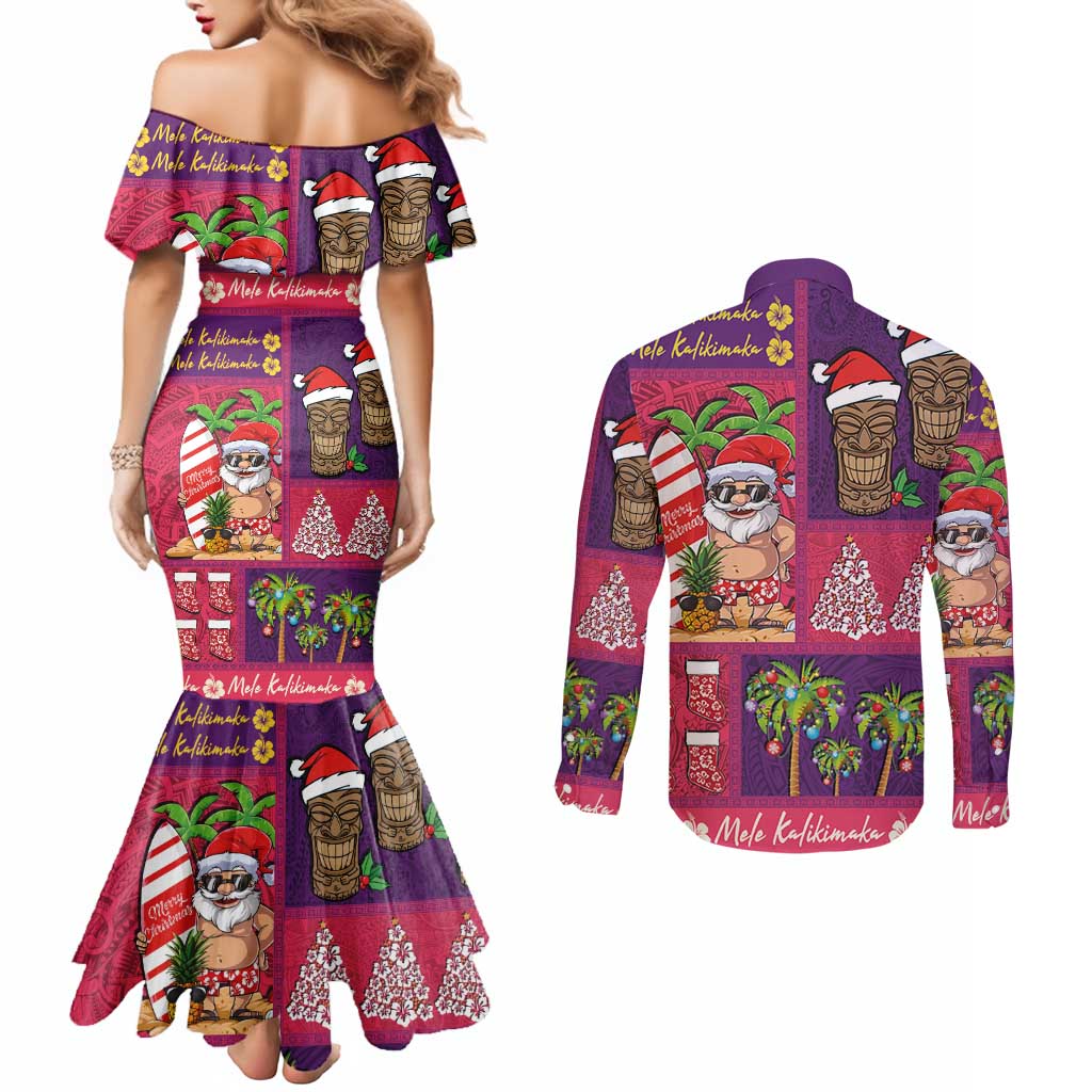 Hawaiian Christmas Couples Matching Mermaid Dress and Long Sleeve Button Shirt - Mele Kalikimaka Island Holiday Vibes - Pink Purple LT03 - Polynesian Pride