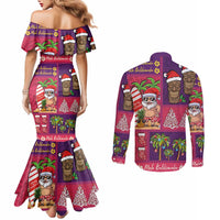 Hawaiian Christmas Couples Matching Mermaid Dress and Long Sleeve Button Shirt - Mele Kalikimaka Island Holiday Vibes - Pink Purple LT03 - Polynesian Pride