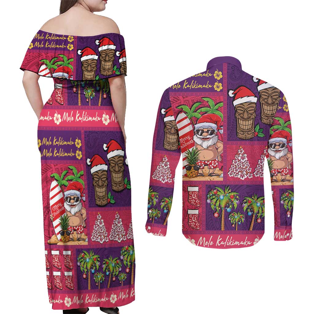 Hawaiian Christmas Couples Matching Off Shoulder Maxi Dress and Long Sleeve Button Shirt - Mele Kalikimaka Island Holiday Vibes - Pink Purple LT03 - Polynesian Pride