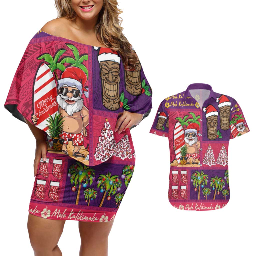 Hawaiian Christmas Couples Matching Off Shoulder Short Dress and Hawaiian Shirt - Mele Kalikimaka Island Holiday Vibes - Pink Purple LT03 Pink - Purple - Polynesian Pride