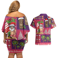 Hawaiian Christmas Couples Matching Off Shoulder Short Dress and Hawaiian Shirt - Mele Kalikimaka Island Holiday Vibes - Pink Purple LT03 - Polynesian Pride
